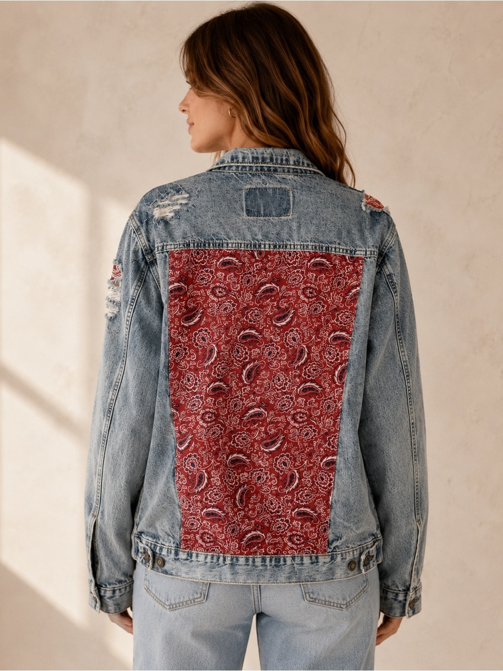Rue21 Light Blue Distressed Denim Jacket with Red Patch Accents - Picture 2 of 4